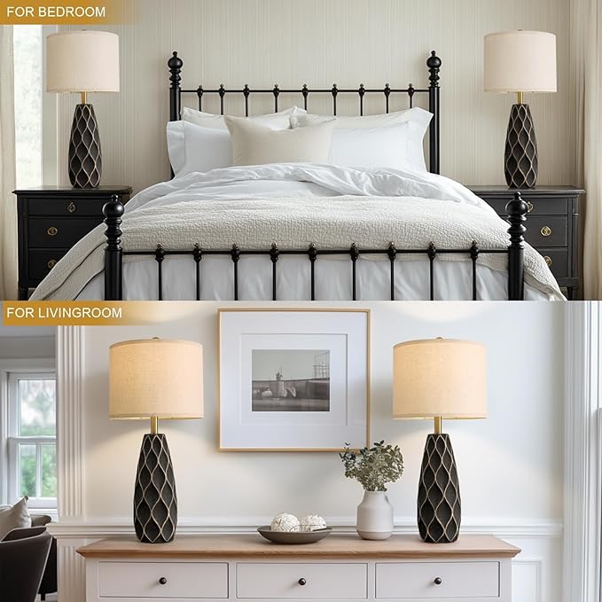 PORTRES 27.5" Ceramic Table Lamps for Bedroom Living Room Lamps Set of 2 Modern Bedside Nightstand Lamp Farmhouse Vintage Rustic Boho Retro Large Table Lamps Light Home Office Desk Deco Gifts, Black - Aura Lighting