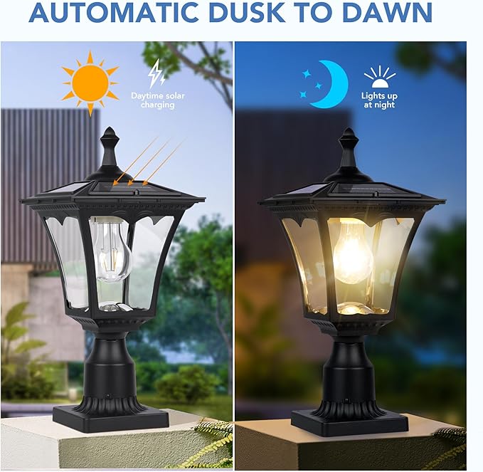 KP4301Q Outdoor Solar Post Lights with Glass lampshade, Heavy Duty Die-Casting Aluminum LED Solar Pillar Light for Gate Column, Driveway, Pathway,Garden, Patio, Matte Black