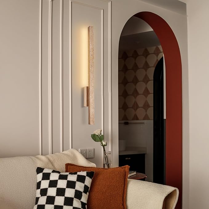 Japanese Style Stone Wall Sconce, Natural Yellow Travertine Wall Lamp, 8W LED Warm Light 3000K Wall Light, Wabi-Sabi Art Light Fixture for Living Room Bedroom Bedside Hallway(Wood)