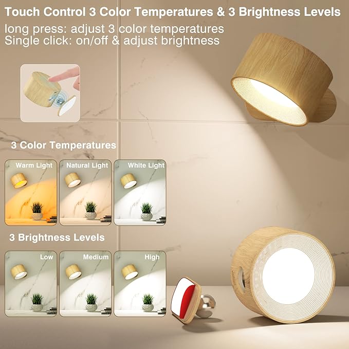 Koopala LED Sconces, Wall Mounted Lamps with Rechargeable Battery Operated USB Port 3 Color Temperatures & 3 Brightness Levels 360°Rotate Magnetic Ball, Cordless Lights for Reading Bedside - Aura Lighting