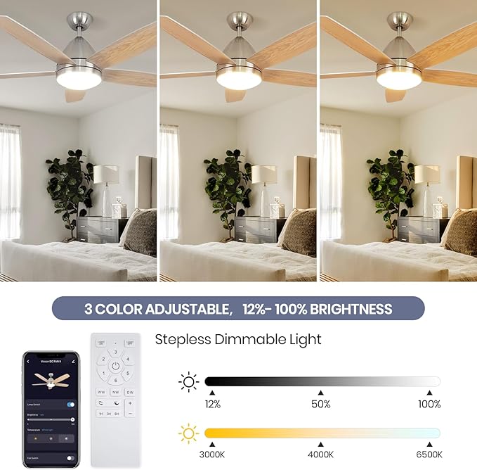 Smart Ceiling Fan with Light, Modern Nickel 52-Inch Outdoor Ceiling Fan and Remote/App, Dimmable Tri-Color LED and Reversible Motor for Indoor Bedroom/Outdoor Covered Patio - Aura Lighting