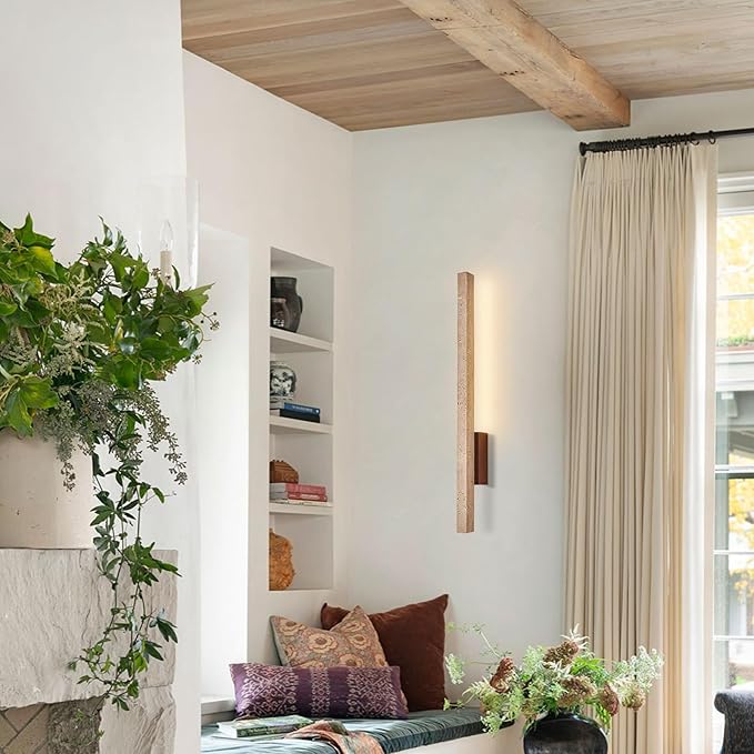 Japanese Style Stone Wall Sconce, Natural Yellow Travertine Wall Lamp, 8W LED Warm Light 3000K Wall Light, Wabi-Sabi Art Light Fixture for Living Room Bedroom Bedside Hallway(Walnut)