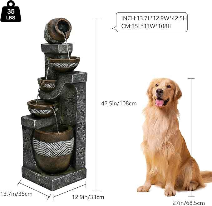 Naturefalls 42.5" Tall Outdoor Water Fountain and Waterfalls - Large Garden Fountain with LED Lights, 5-Tier Cascading, Indoor and Outdoor Fountains for Garden, Patio, Deck, Porch, Backyard and Home