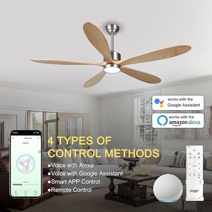 reiga 60 Inch Large DC Motor Outdoor Ceiling Fan with Dimming LED Light Kit, Alexa, Google Home, App and Remote Control, 5 Natural Wood Propeller Blades for Patio Garage Farmhouse and Porch - Aura Lighting