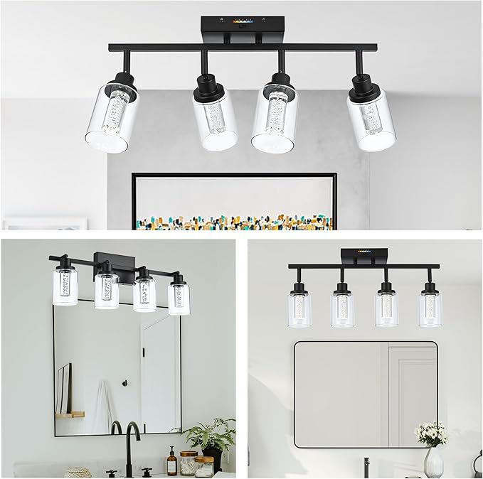 MELUCEE LED Track Lighting Fixtures Ceiling 4-Light Black Semi Flush Mount Ceiling Light Bathroom Wall Light with Flexibly Rotatable Light Heads, Built-in LED Chips, 5-Color Temperature Adjustable - Aura Lighting