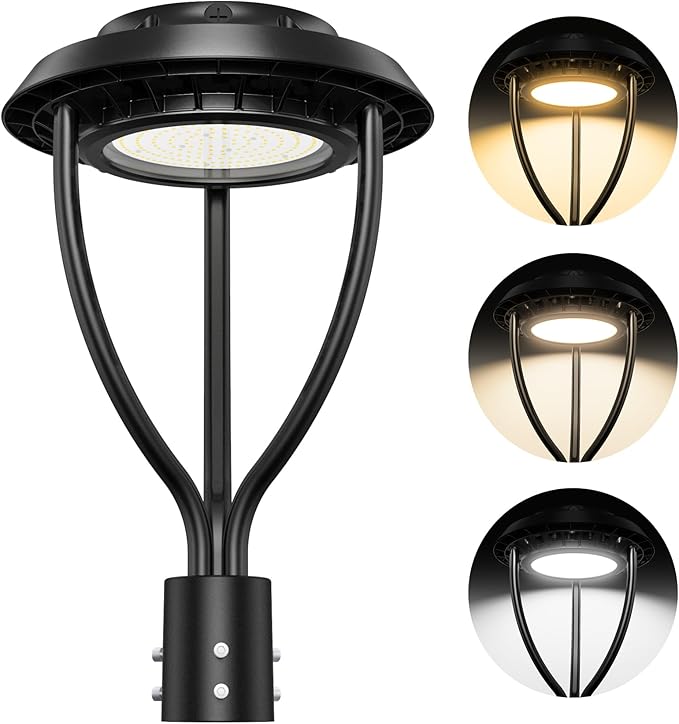 60W LED Post Top Light with Photocell, 60W 48W 36W Adjustable, 8400LM Adjustable CCT 3000/4000/5000K Outdoor Pole Lights, IP65 Waterproof Commercial LED Post Light Fixture Area Light ETL DLC Listed - Aura Lighting