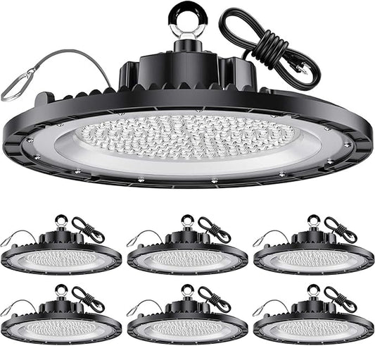 UFO LED High Bay Light 200W 6Pack 5000K 100-277V with US Plug, Super High Bright 30000LM No Flickering Commercial Grade High Bay LED Shop Lights for Workshop Garage GMY Barn (Eqv1000w Mh/Hps/Hid)