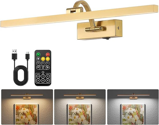 Wireless Picture Lights for Wall,23.5 Inch Brass Art Light for Paintings,Battery Operated Picture Lights with Remote Control,Dimmable Rechargeable Art Lamps for Picture Frame,Gallery