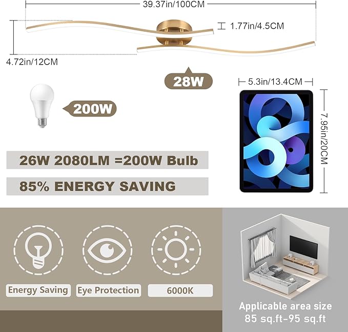 28W Gold Linear Ceiling Light Gold Modern LED Ceiling Light Fixture 6000K Aluminum 39.37Inch Long Ceiling Lamp for Hallway, Kitchen, Bedroom, Dining Room - Aura Lighting
