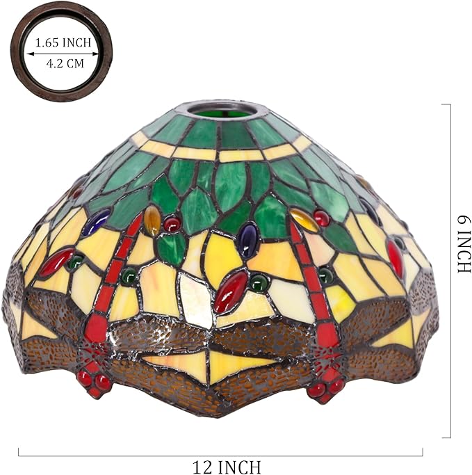 Tiffany Lamp Shade Replacement 12X6 Inch Stained Glass Lampshade Only 1-5/8-Inch Fitter Opening for Arched Floor Lamp, Torchiere Lamp, Pendant Light (Green Yellow)