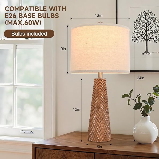 Terpsichore Nightstand Lamp Bedside Lamps Set of 2 Vintage Rustic Farmhouse Table Lamp 3 Way Dimmable Horizontal Stripe Light,for Living Room Bedroom,USB A+C (Brown, Hing 24 Inch)