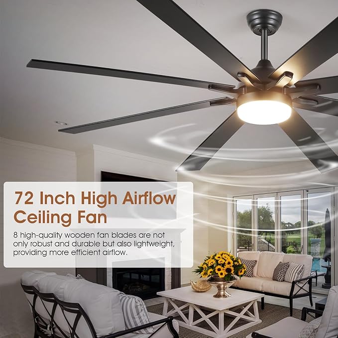 72 Inch Large Ceiling Fans with Lights and Remote, Indoor/Outdoor Black Modern Industrial Ceiling Fan with light for Living Room Patios Porch, Reversible Quiet Motor, 8 Dual Finish Blades