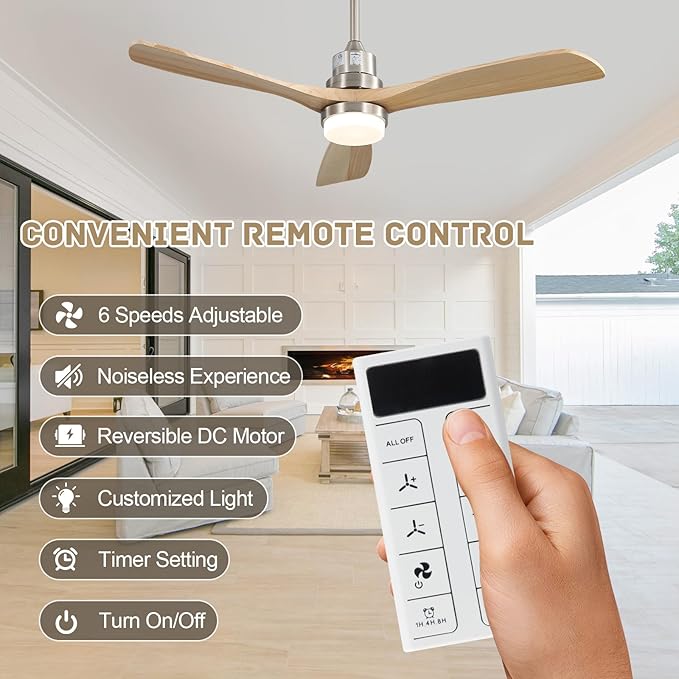 Sofucor 52 Inch Smart Ceiling Fan, Indoor/Outdoor Ceiling Fans with Lights and Remote, Work with Alexa/Google/APP, 6-Speed, Quiet DC Motor, Solid Wood 3 Blade Ceiling Fan for Bedroom Living Room Patio