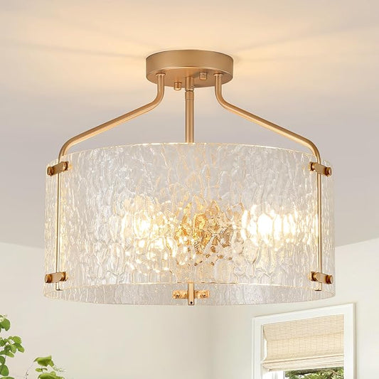 Semi Flush Mount Ceiling Light Fixture Glass Drum Chandelier Entryway Light Fixture 16''Gold Flush Mount Ceiling Lights 3-Light Foyer Lighting fixtures for Living Room Hallway Bedroom - Aura Lighting
