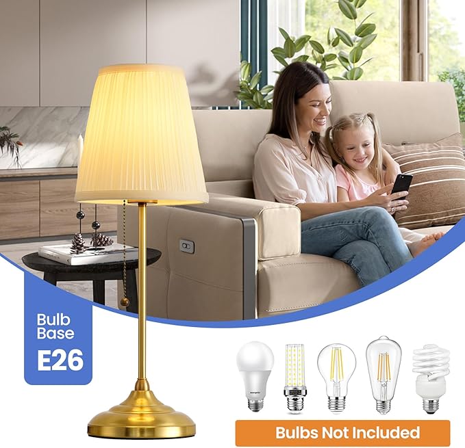Modern Table Lamp for Bedroom, Gold Bedside Lamp, Farmhouse Nightstand Lamp with Pull Chain Switch, 20" Small Table Lamp for Reading, Hotel, Buffet Candlestick