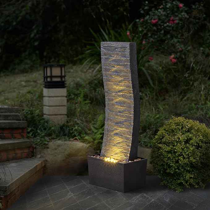 Curved Outdoor Waterfall Fountain, 36.2" Elegant Outdoor Water Fountain with LED Lights for Patio, Garden, Backyard, Modern Large Relaxing Water Feature (24382)