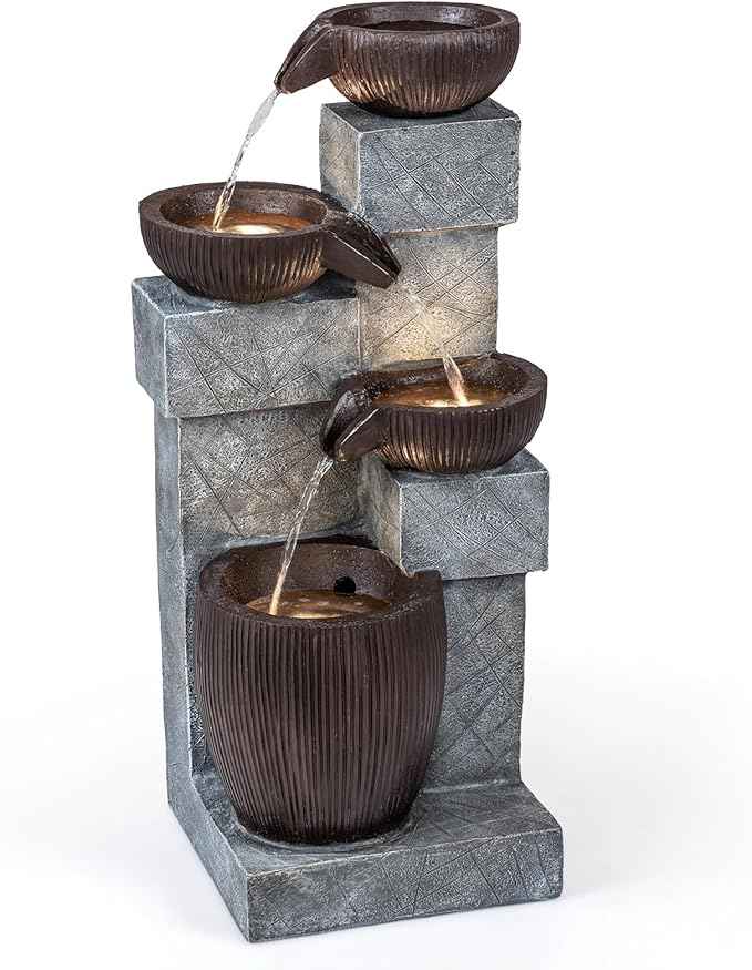 Giantex 32'' Water Fountain Outdoor, 4-Tier Cascading Bowls Waterfall Fountain with Warm LED Lights & Pump, Outside Zen Water Feature for Patio, Balcony, Deck, Garden, Yard Decor