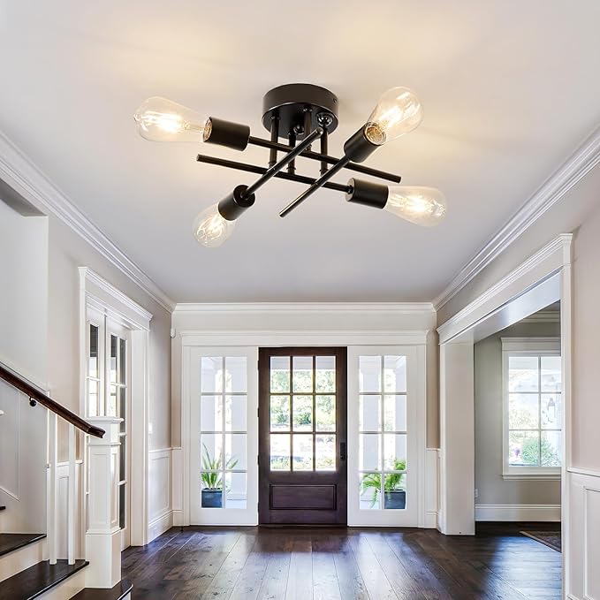 ZGLAOJT Indoor Ceiling Light with Motion Sensor 4 Light Semi Flush Mount Ceiling Light Black Matte with E26 Base Modern Chandelier for Farmhouse Kitchen Dining Room Bedroom Study Living Room.