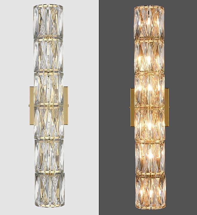 SAMTEEN 23.6-Inch Crystal Wall Sconce Gold Sconces Wall Lighting Mid-Century Modern 6-Light Wall Mount Light Brass Glass Wall Light Fixture for Bathroom Bedroom Hallway - Aura Lighting