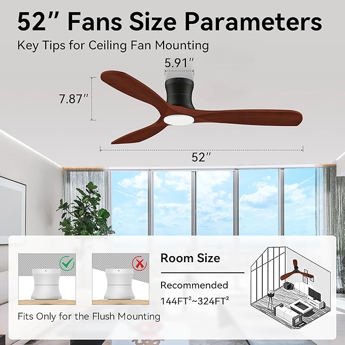 52” Smart Low Profile Ceiling Fans with Lights Remote,3 Wood blade,Quiet DC Motor,Outdoor Indoor Flush Mount Ceiling Fan,Voice Control via WIFI Alexa App,Modern Lighting& Ceiling fan for Bedroom Patio - Aura Lighting