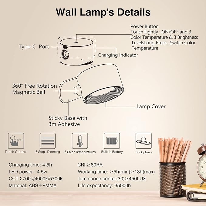 Koopala LED Sconces, Wall Mounted Lamps with Rechargeable Battery Operated USB Port 3 Color Temperatures & 3 Brightness Levels 360°Rotate Magnetic Ball, Cordless Lights for Reading Bedside - Aura Lighting