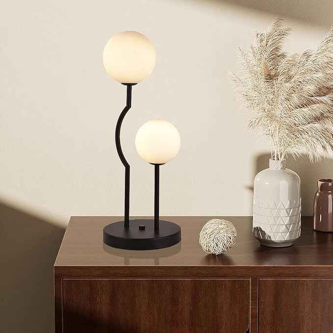 Black Mid Century Globe Table Lamp Industrial Retro 2 Lights Orb Desk Lamp with White Glass Globe Bedside Reading Light for Bedroom Living Room Study Room