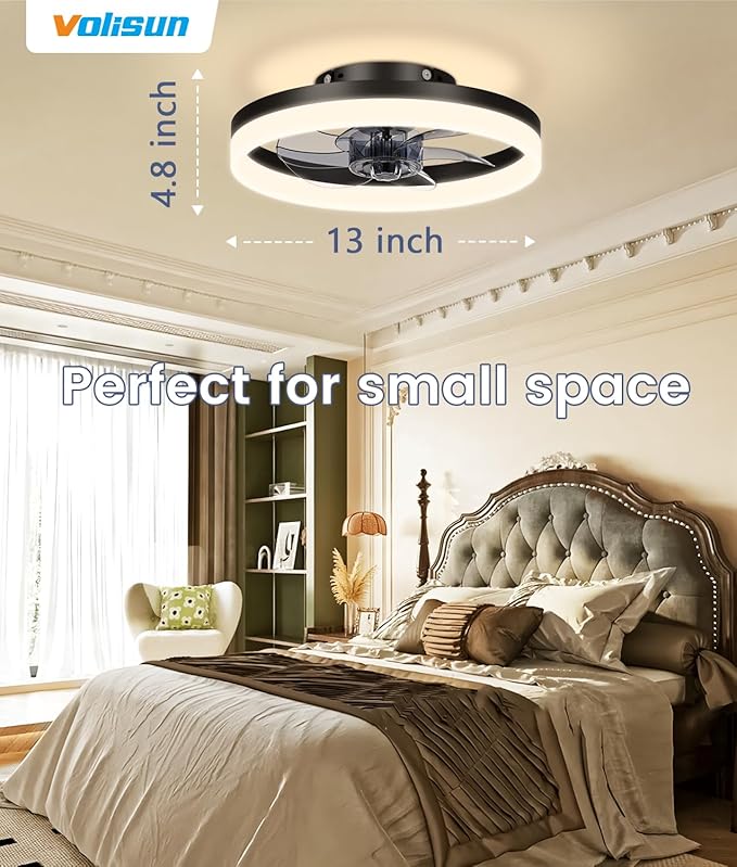 VOLISUN 13 inch Small Ceiling Fans with Lights and Remote, Low Profile Ceiling Fans with Light, 3000K-6500K Dimmable LED Ceiling Light Flush Mount, Bladeless Fandelier Ceiling Fan (Black) - Aura Lighting