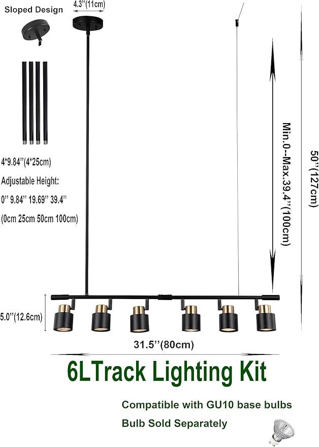 6 Light Track Lighting Kit, Matt Black Brass Finish Adjustable Height with Moden Flush Mount Ceiling Spotlight for Kitchen,Dining,Living Room,Home Improvement - Aura Lighting