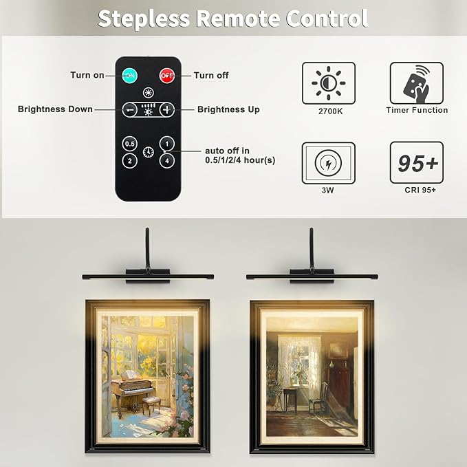 JOOSENLUX 16" Dimmable Picture Light, LED, Battery Operated, Wireless, Adjustable Arm, Remote Controlled, Rechargeable, Wall-Mounted, Modern & Stylish - Ideal for Gallery, Library, and Photo Display