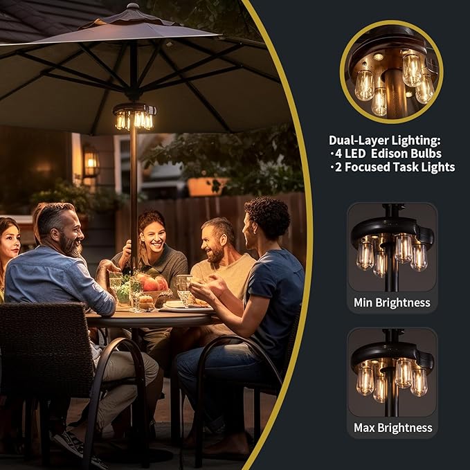 Patio Umbrella Light with Remote Control, Rechargeable Cordless LED Edison Bulbs Pole Light with 10 Brightness Levels for Garden, Patio, Backyard, Camping or BBQ - Brown (1 Pack)