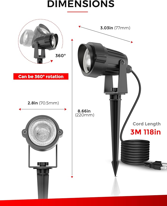 L LOHAS LED Christmas Spotlight Outdoor, Red Spot Lights for Yard, Auto On/Off 5W 120V Landscape Lighting for House, Holiday, Trees, Decoration, 450LM IP66 Waterproof, UL Listed, 2 Pack - Aura Lighting