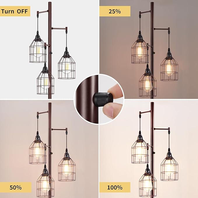 Sucolite 70" Dimmable Floor Lamp for Living Room, Industrial 3-Light Tree Floor Lamp Brown with Cages, Farmhouse Rustic Tall Standing Lamp Floor Lighting for Bedroom Office, 3 Free LED Edison Bulbs