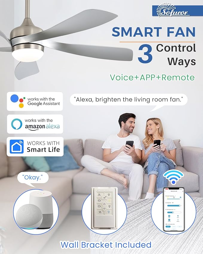 Sofucor 52" Smart Ceiling Fan, Indoor/Outdoor Ceiling Fans with Lights and Remote, Compatible with Alexa/Google/App, 3-Color Light 6-Speed Timing Reversible DC Motor for Bedroom Living Room Patio