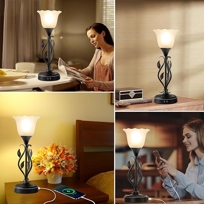 Touch Table Lamps for Bedroom Set of 2, Bedside Lamps with USB Ports, 3-Way Dimmable Decorative Nightstand Lamp Rustic Leaf Torchiere Glass Flower Lamp for Living Room Dresser (Bulbs Included)