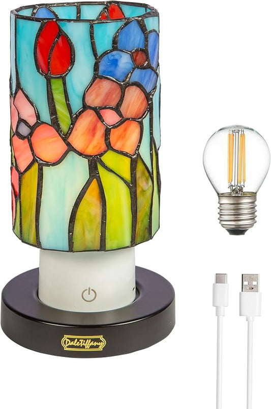 Dale Tiffany TAR24122 Sunset Peony Uplight Tiffany Accent Lamp with Built-in Rechargeable Battery and 3-Level Brightness, Multicolor, 8.5-Inch Tall
