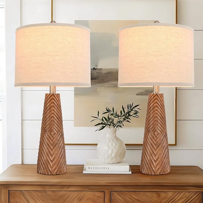 Terpsichore Nightstand Lamp Bedside Lamps Set of 2 Vintage Rustic Farmhouse Table Lamp 3 Way Dimmable Horizontal Stripe Light,for Living Room Bedroom,USB A+C (Brown, Hing 24 Inch)