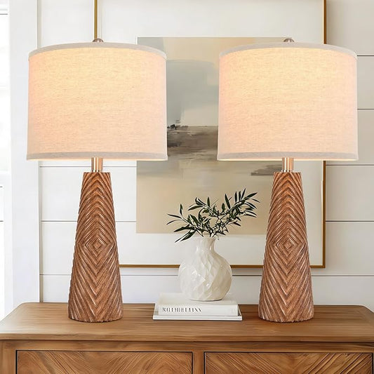 Terpsichore Nightstand Lamp Bedside Lamps Set of 2 Vintage Rustic Farmhouse Table Lamp 3 Way Dimmable Horizontal Stripe Light,for Living Room Bedroom,USB A+C (Brown, Hing 24 Inch)