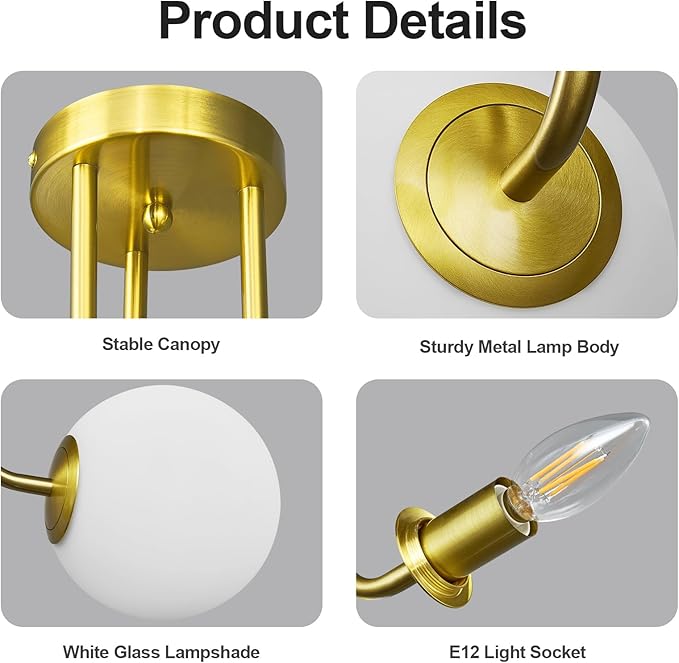 3-Light Modern Gold Ceiling Light with Globe White Glass Shade Mid Century Semi Flush Mount Ceiling Light Sputnik Chandeliers for Bedroom Living Room Dinning Room Foyer Hallway - Aura Lighting