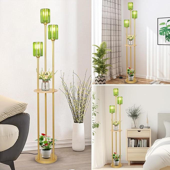 HMVPL Gold Floor Lamp for Living Room, Vintage Floor Lamp with Wood Shelf, Mid Century Standing Lamp with Table, Modern Tall Lamp with Green Crystal Shade, On/Off Switch, Boho Corner Lamp for Bedroom - Aura Lighting