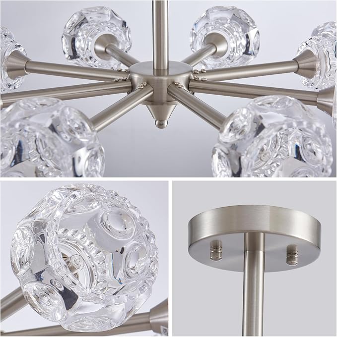 XINGQI Brushed Nickel Ceiling 8 Light Modern 24" Semi Flush Mount Sputnik Ceiling Light Fixture Industrial Chandelier Farmhouse Lighting for Hallway Dining Room Living Room Kitchen Bedroom - Aura Lighting