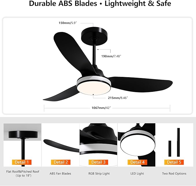Ceiling Fan with Light and Remote - 42 Inch Modern Black Ceiling Fan Reversible 3 Blades Fan with Dimmable RGB LED Light for Living Room Bedroom and Outdoor(Black)