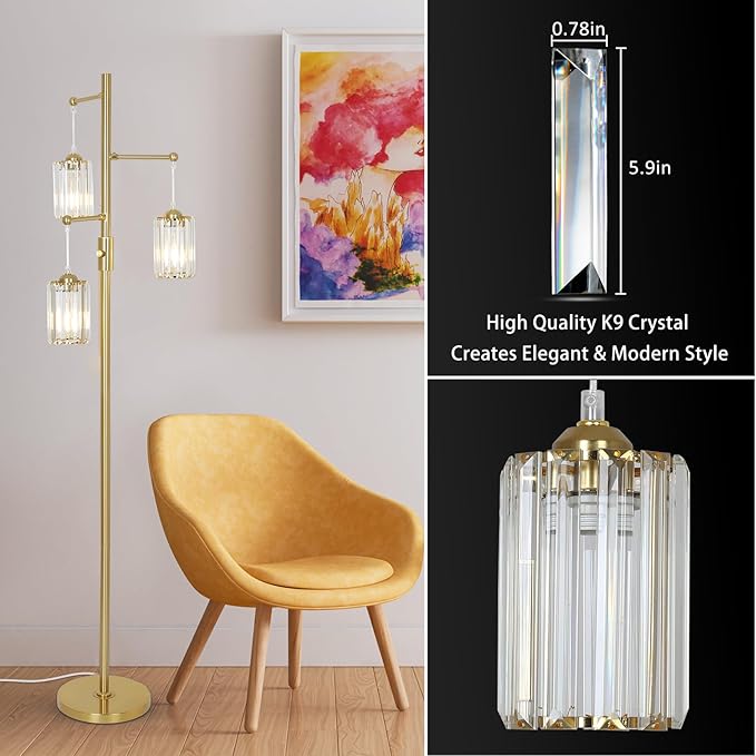 Gold Crystal Floor Lamps for Living Room, Dimmable 3 Lights Modern Standing Lamp with Crystal Shade, Dimmer Switch, 65" Industrial Tall Tree Lamp, Vintage Brass Corner Lamp for Bedroom