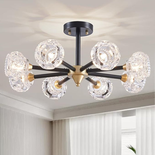 XINGQI Modern Ceiling Light 8 Lights Semi Flush Mount Sputnik Ceiling Light Fixture,Black Gold Chandeliers for Bedroom, Dining Room, Farmhouse Kitchen, Office - Aura Lighting