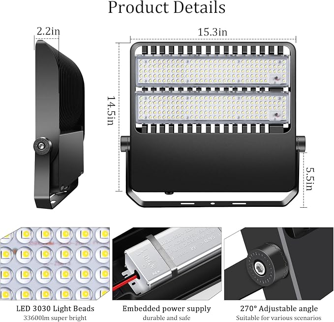 240W LED Stadium Flood Lights Outdoor 36000LM Super Bright Yoke Wall Mount Parking Lot floodlights 5000K 100V-277V Commercial IP65 Waterproof 240 Watt Shoebox Barn Lamp for Arena Court
