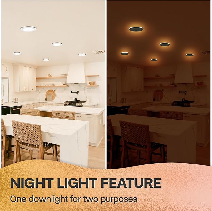 1 Pack 4 Inch LED Can Lights with Night Light, 5CCT Retrofit Recessed Lighting Selectable 2700K-6000K Dimmable, 9W=55W, 630LM Downlight with Metal Smooth Trim - ETL and Energy Star