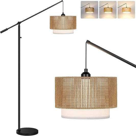 【Upgraded】Dimmable Boho Floor Lamp for Living Room, Modern Swing Arm Floor Lamp with Rattan & Fabric Shades, Black Rattan Standing Lamp with 11W Bulb, Farmhouse Adjustable Tall Lamp for Bedroom Office