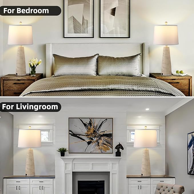 Terpsichore Nightstand Lamp Bedside Lamps Set of 2 Vintage Rustic Farmhouse Table Lamp 3 Way Dimmable Horizontal Stripe Light,for Living Room Bedroom,USB A+C (Pale Yellow, Hing 27 in)