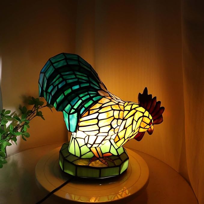 Bieye L12012 Colorful Rooster Tiffany Style Stained Glass Accent Table Lamp Night Light for Bedside Living Room Decoration (Multi-Colored, 5.75Dx13Wx12H)