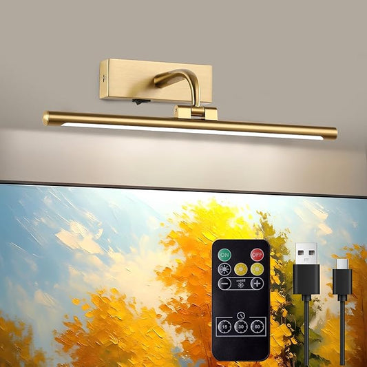 Wireless Picture Light for Wall Battery Operated Rechargeable Art Lights Dimmable Painting Lights Brass Gallery Light with Remote Wall Lights for Display, Artwork, Portrait (15.94Inch)
