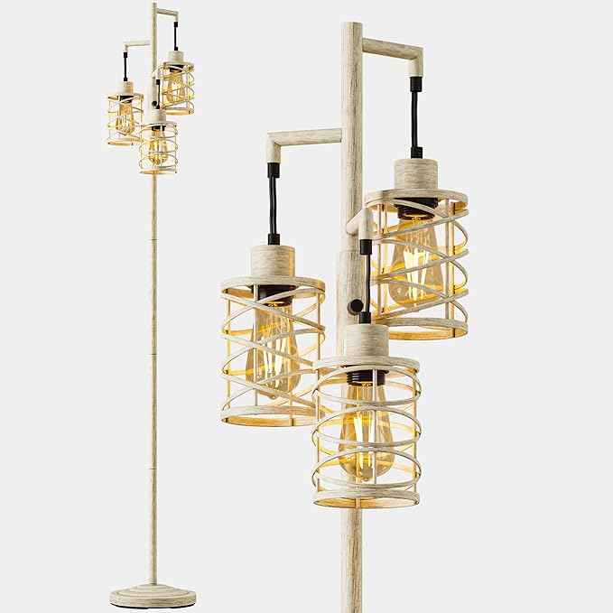 BOBOMOMO 70" Farmhouse Dimmable Floor Lamp, Weathered White Rustic Industrial Metal Cage Standing Lamp with 3 LED Bulbs, Stepless Dimming Tall Tree Lamp for Living Room, Bedroom, Entryway, Corner